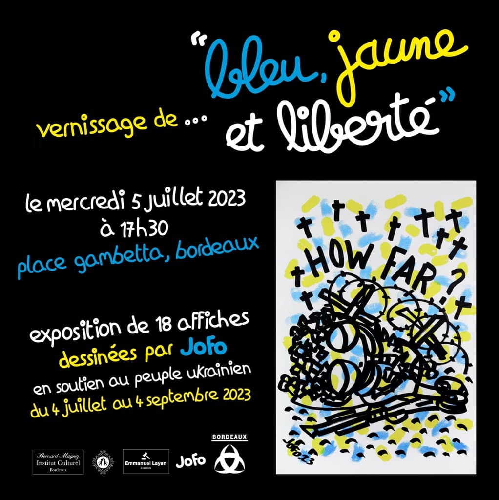 Poster image for the exhibition “Bleu, jaune et liberté” at Zone Trois Galerie, Bordeaux